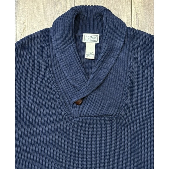 L.L. Bean Men's Navy Blue Shawl Collar Heavyweight Knit Cotton Sweater Size L - Picture 4 of 13